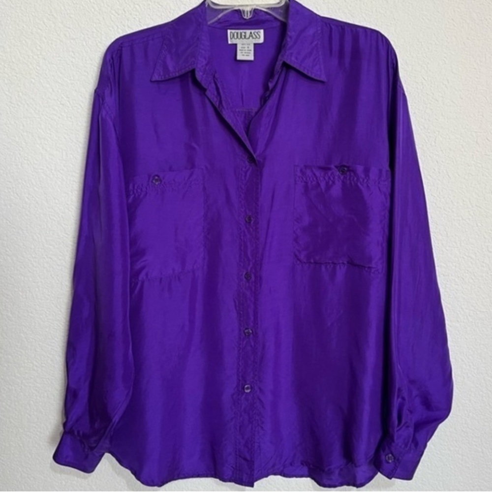 DOUGLASS Vintage Purple 100% Silk Long Sleeve Button Blouse Pockets size M